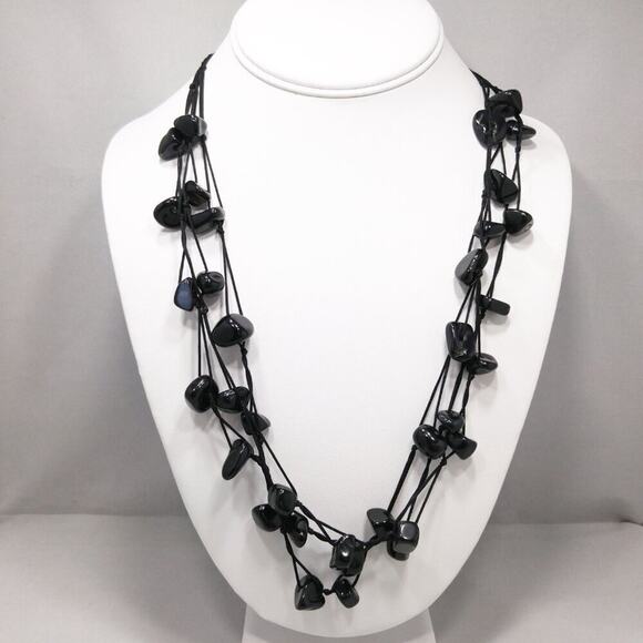 Vintage Black Gemstone Three Cord Necklace, Black Quartz, 23 Inches - Picture 2 of 10